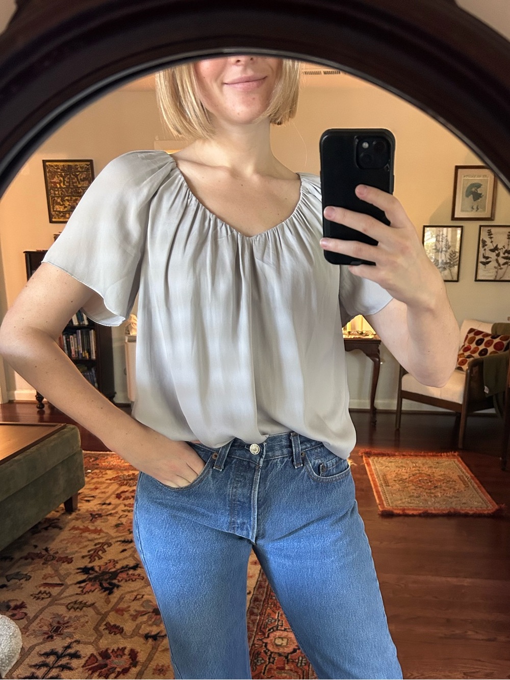 Ann Taylor Light Gray Gathered Scoop-Neck Blouse